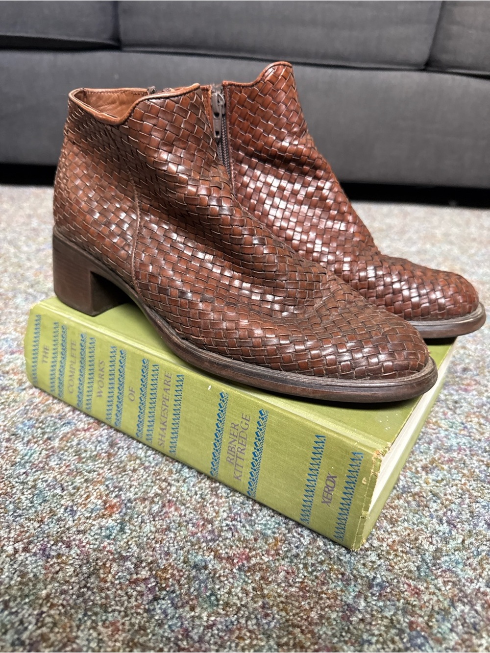 Women’s Brown Woven Leather Ankle Boots - Vintage, 90s, Fall